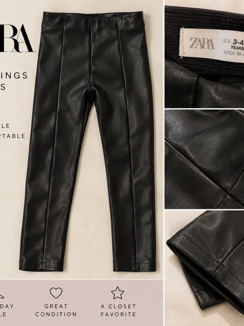 ZARA Black Faux Leather Men's Pants with Front Seams